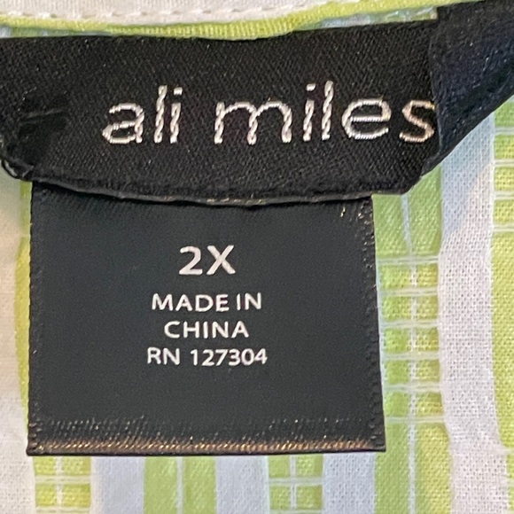 Ali Miles NWT 2X Button Down Blouse Lime Green White Seersucker Pocket A Line - Picture 4 of 7